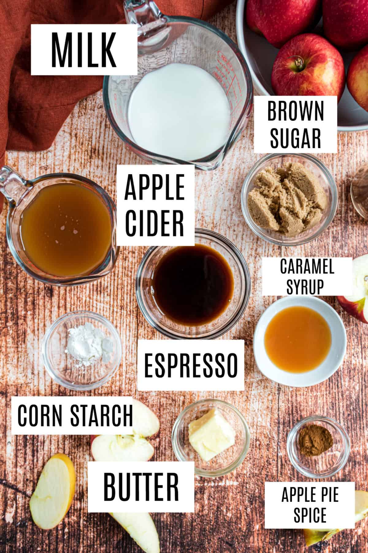 Ingredients needed for homemade apple crisp macchiato recipe.