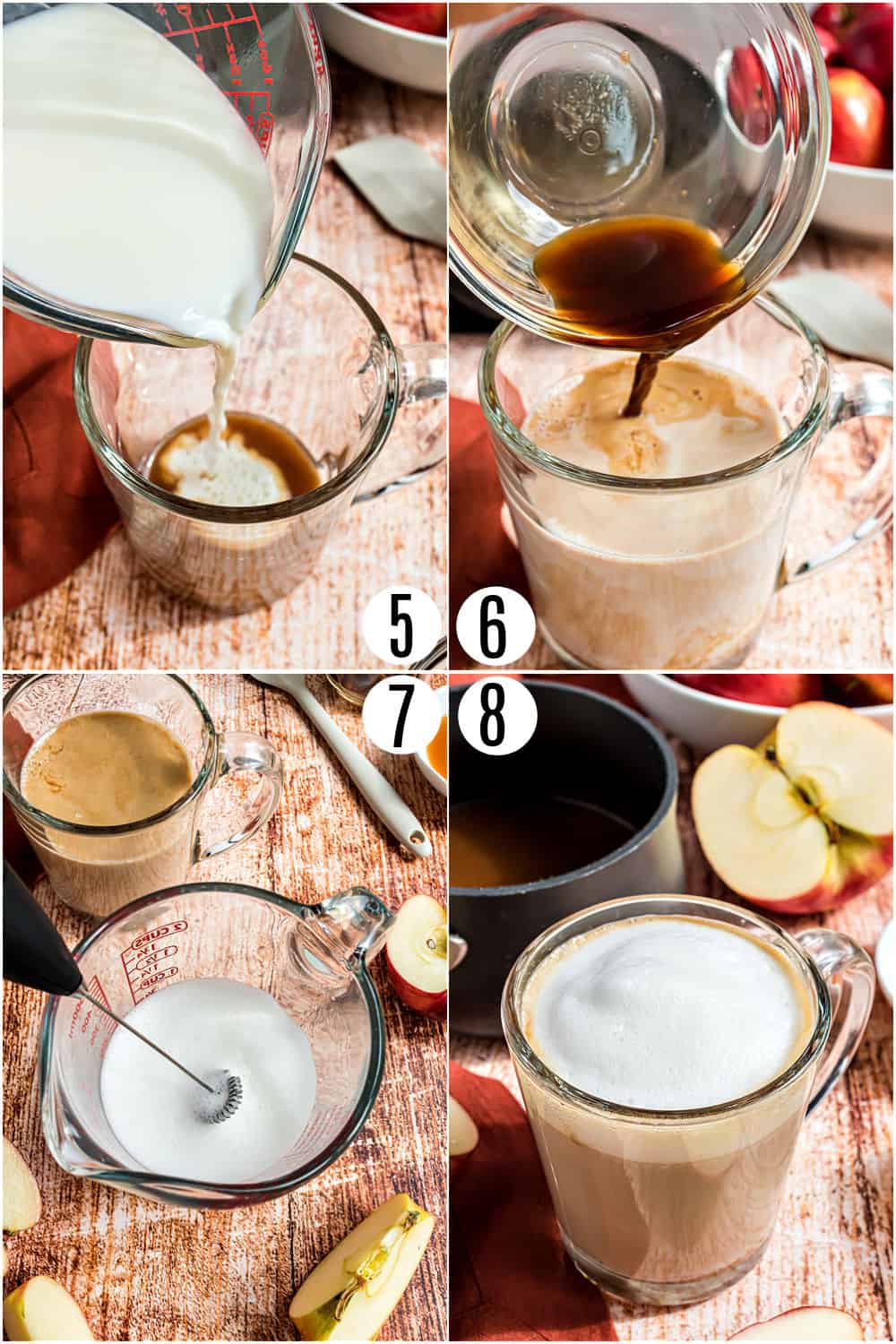 Step by step photos showing how to assemble an apple crisp macchiato drink.