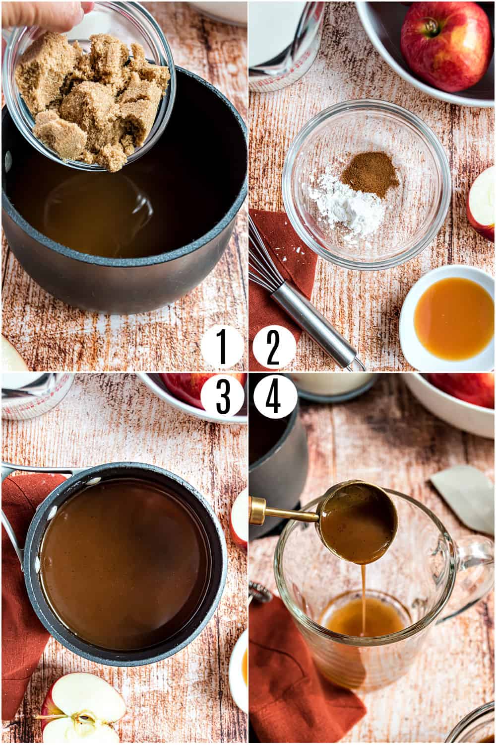 Step by step photos showing how to make apple cider syrup.