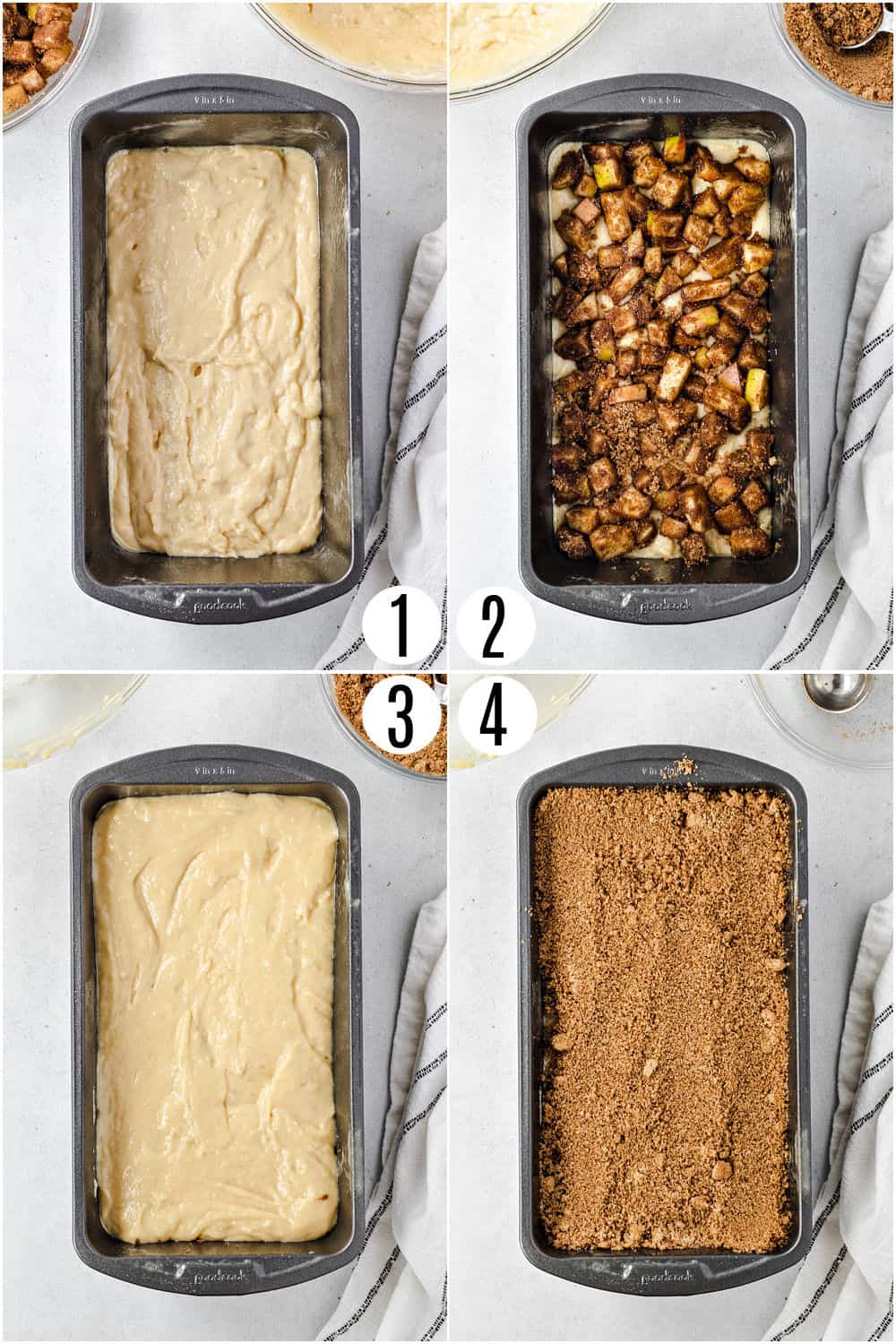 Step by step photos showing how to assemble apple chai bread.