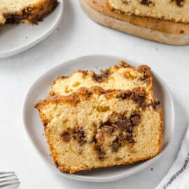 Two slices of apple chai bread on a white dessert plate.