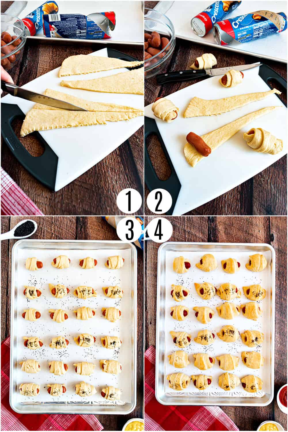 Step by step photos showing how to make pigs in a blanket.