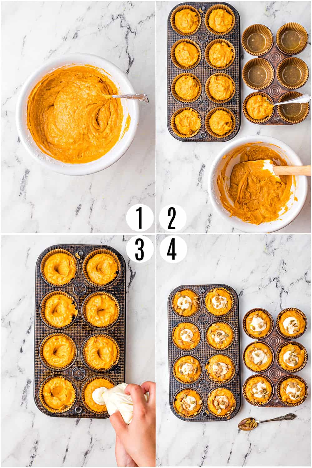 Step by step photos showing how to make cream cheese filled pumpkin muffins.