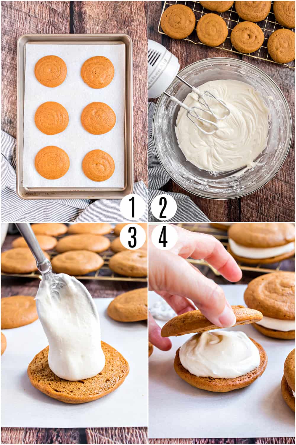 Step by step photos showing how to assemble pumpkin whoopie pies with cream cheese filling.