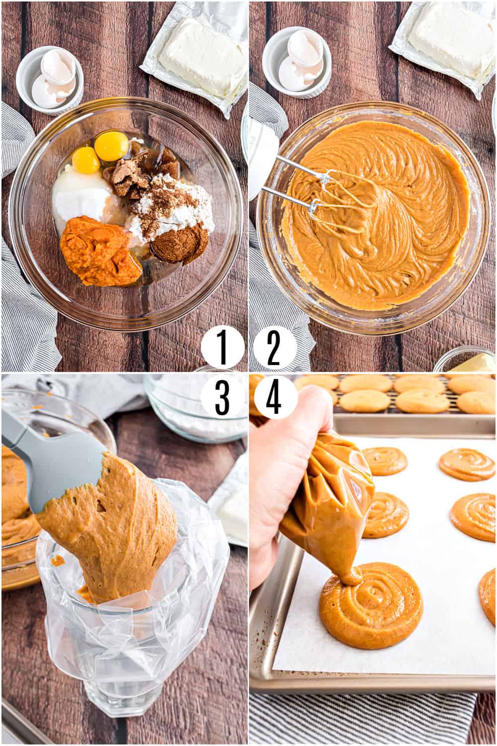 Step by step photos showing how to make pumpkin whoopie pies.