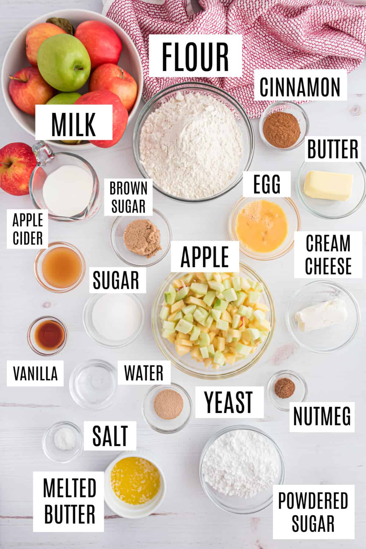 Ingredients needed to make apple cinnamon rolls.