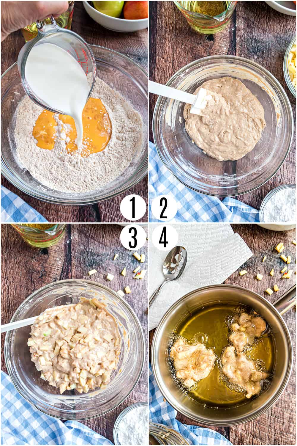 Step by step photos showing how to make apple fritter batter.