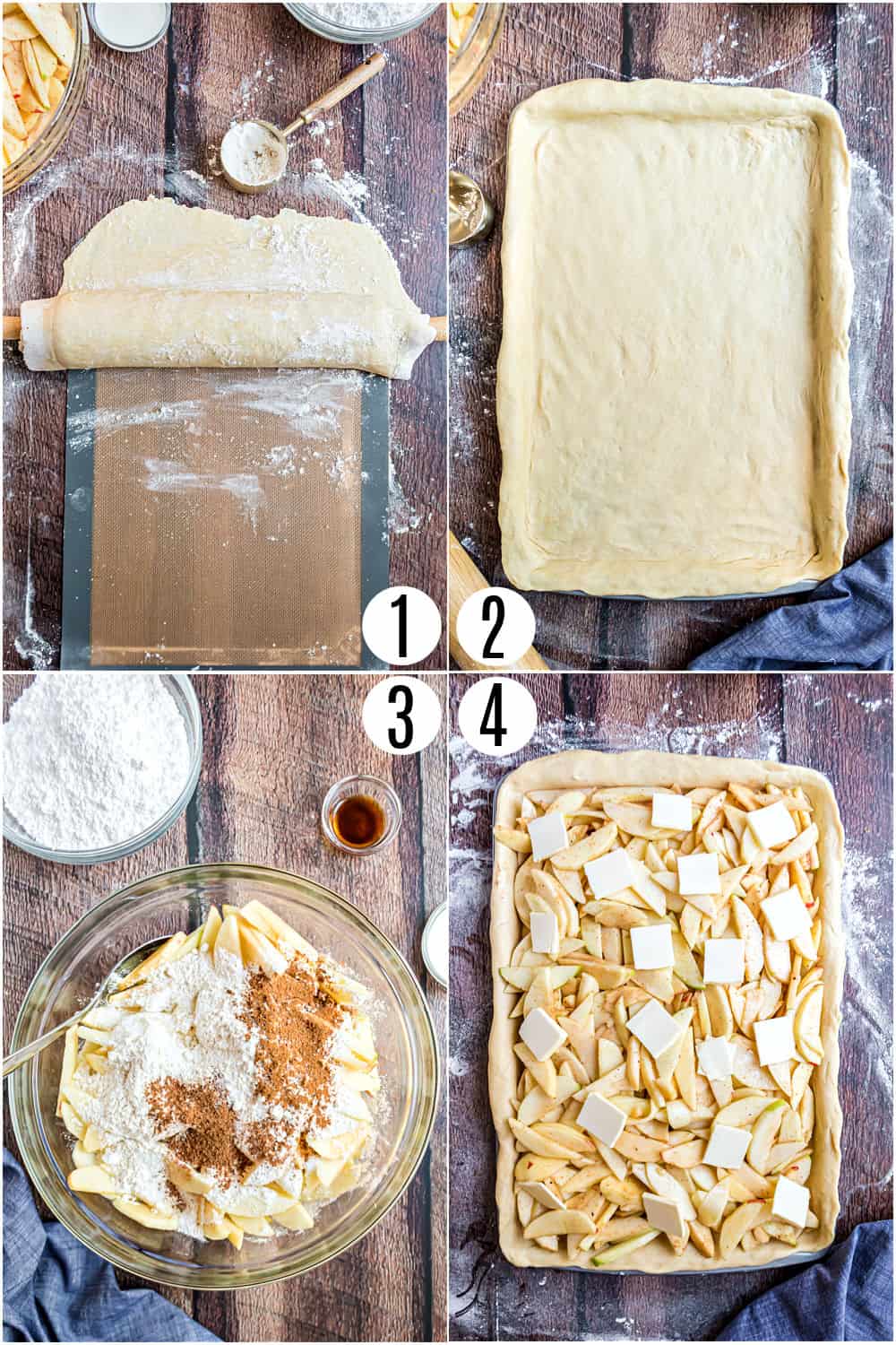 Step by step photos showing how to assemble apple slab pie with double crust.