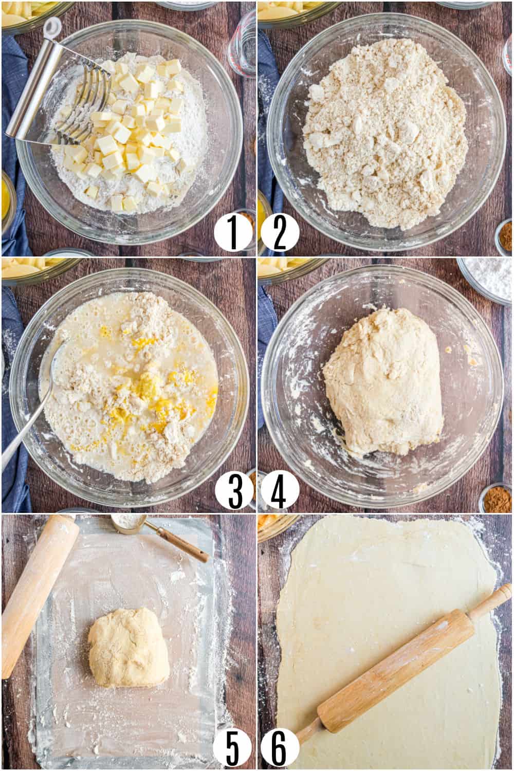Step by step photos showing how to make pie crust for a slab pie.