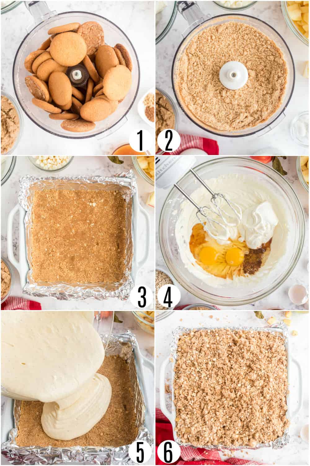 Step by step photos showing how to make cheesecake bars with apples and caramel.