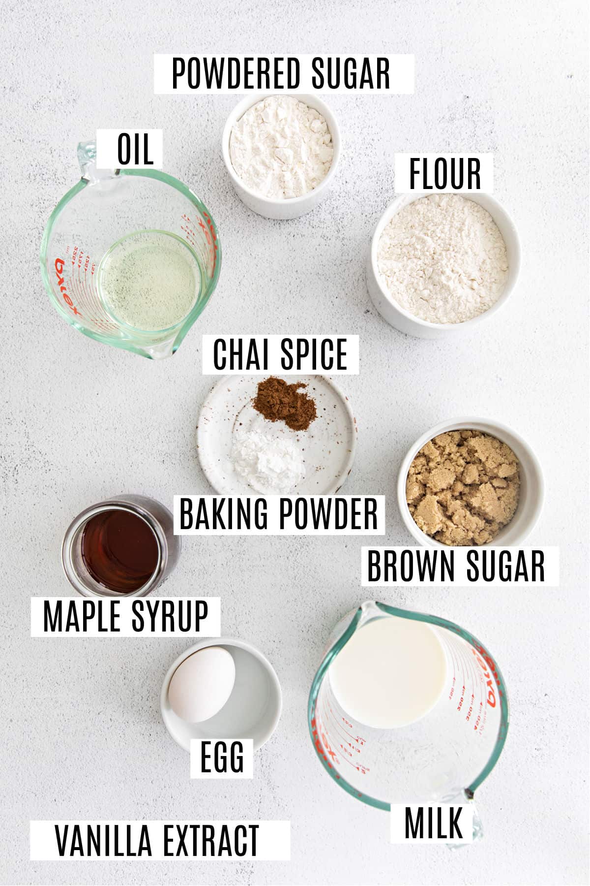 Ingredients needed to make chai donuts.