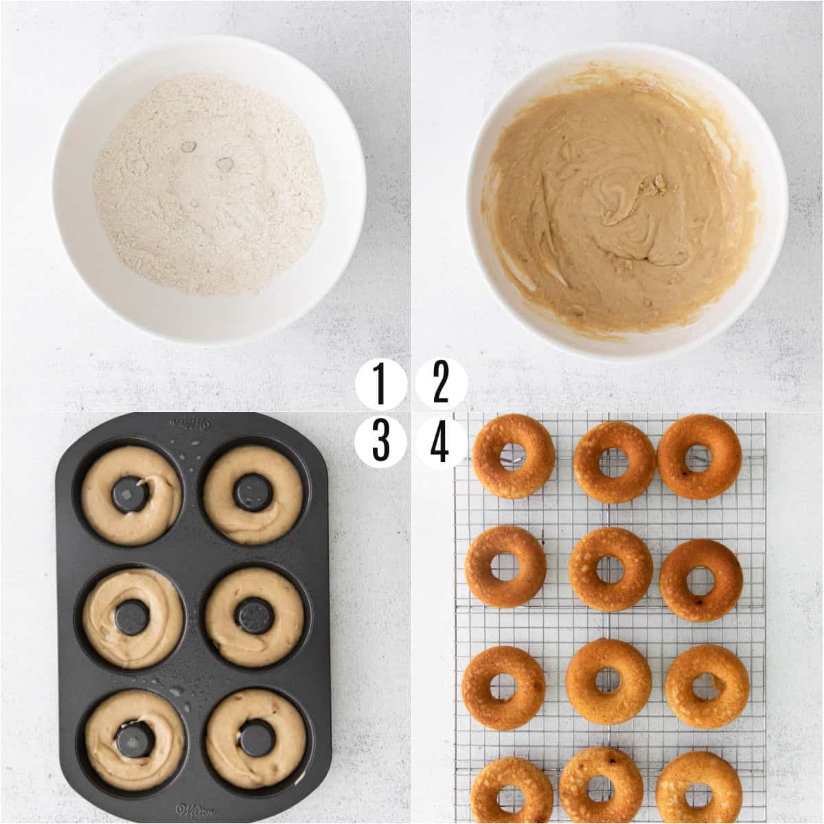 Step by step photos showing how to make chai donuts in the oven,