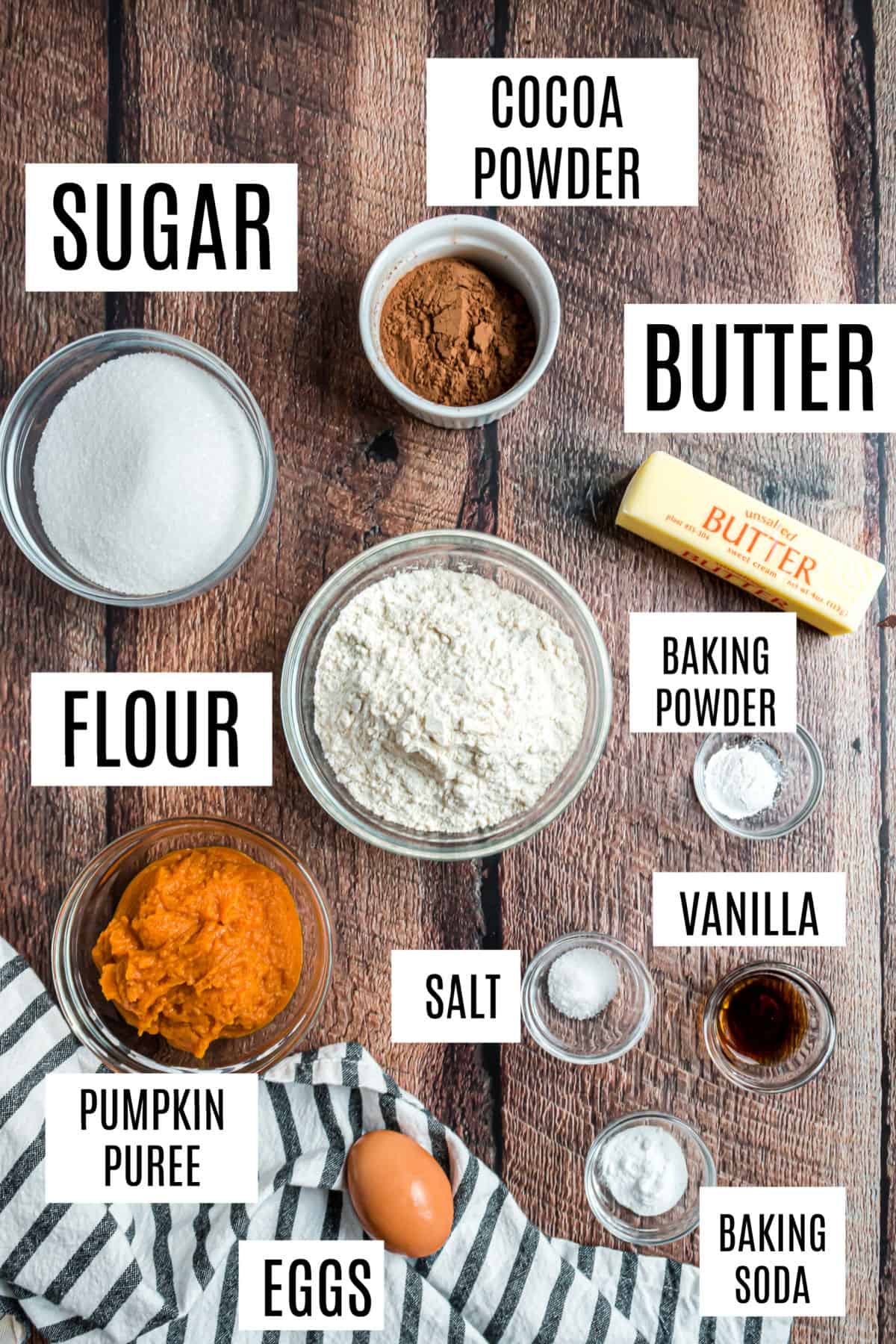 Ingredients needed to make chocolate pumpkin cake.