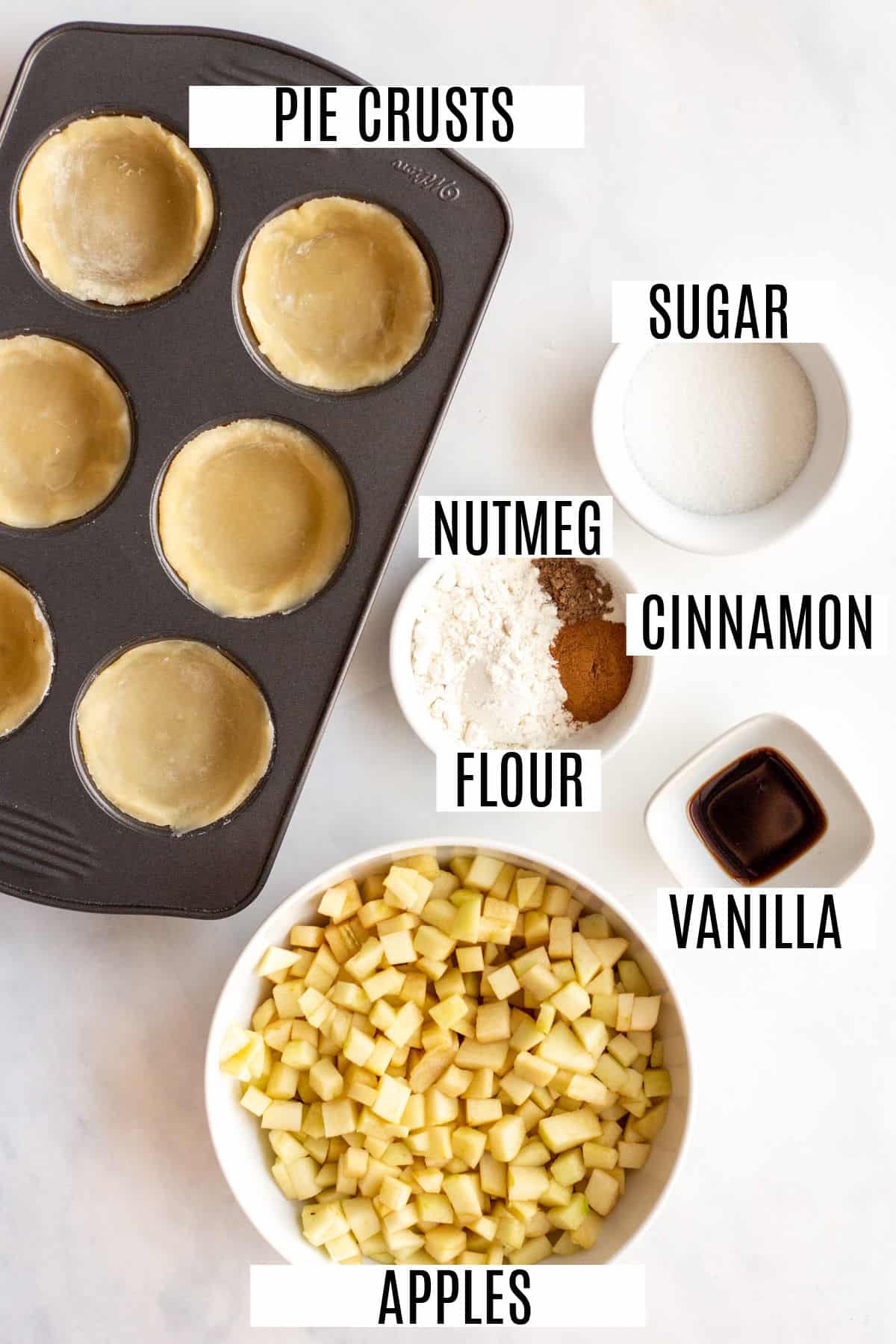 Ingredients needed to make mini apple pies.