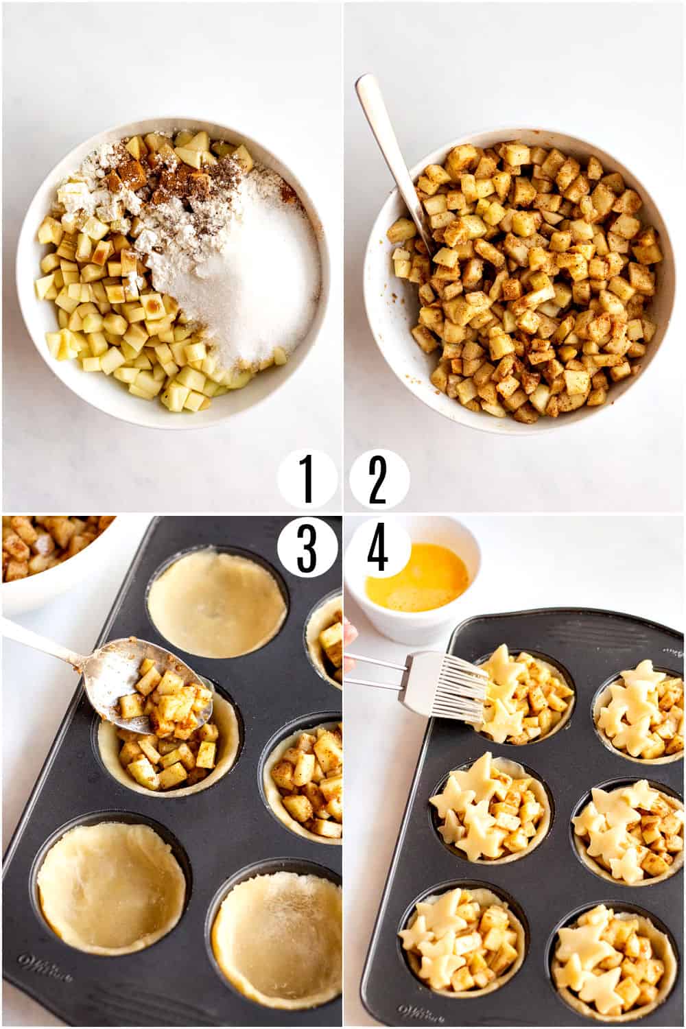Step by step photos showing how to make mini apple pies.