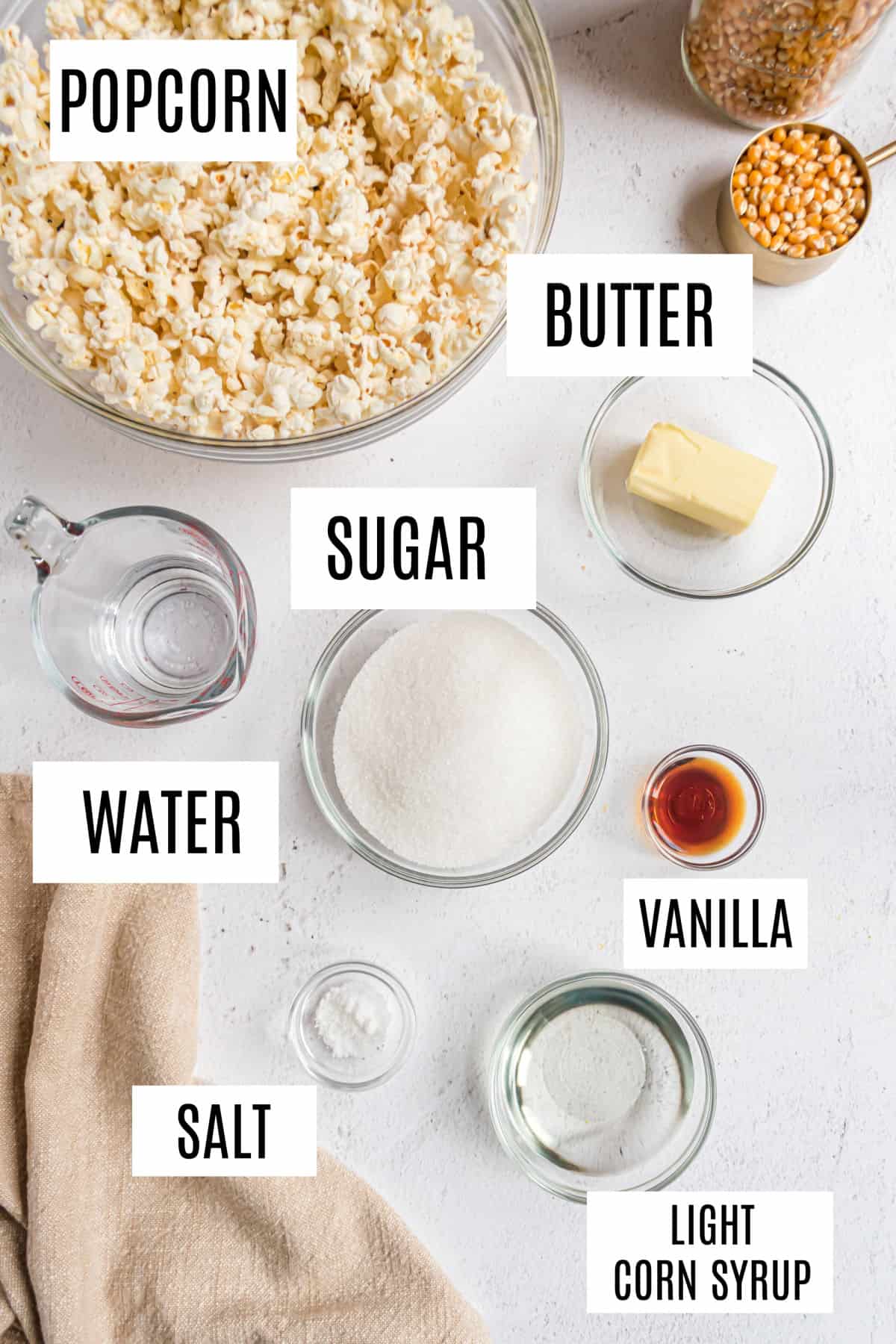 Ingredients needed to make homemade popcorn balls.