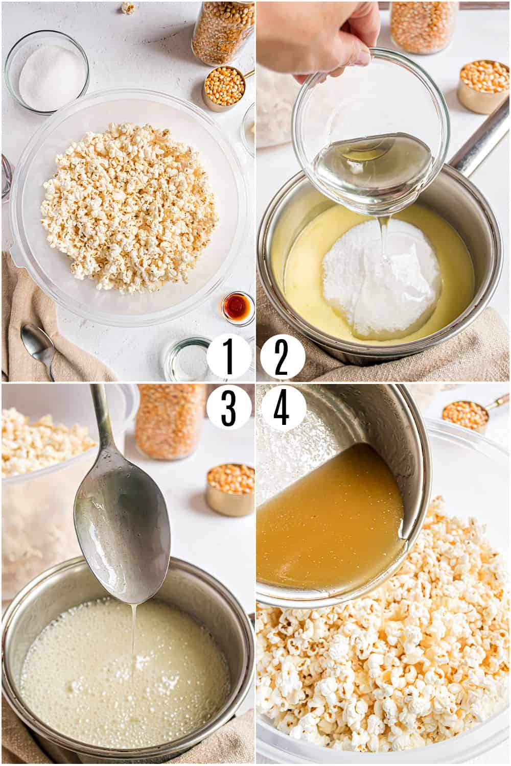 Step by step photos showing how to make popcorn balls.