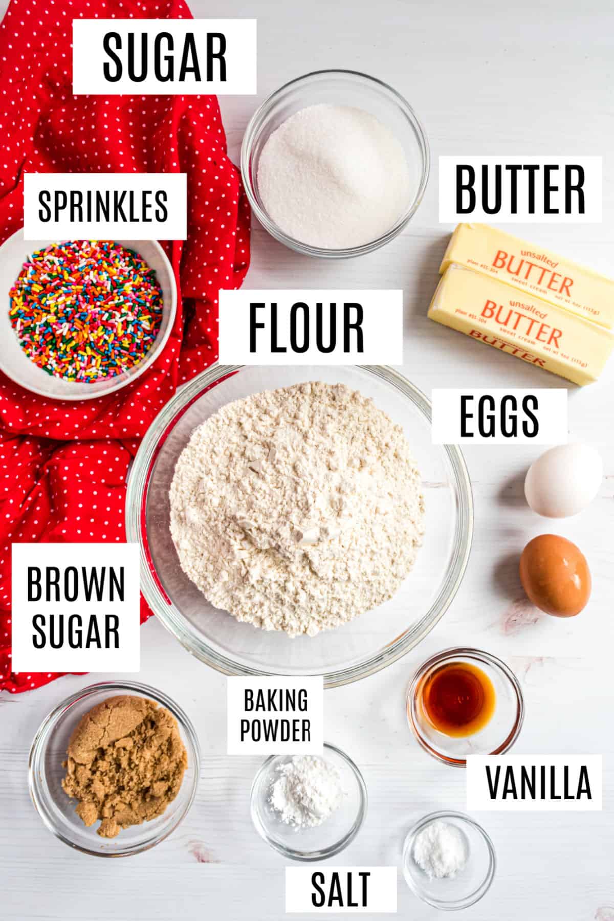 Ingredients needed to make icebox cookies with sprinkles.