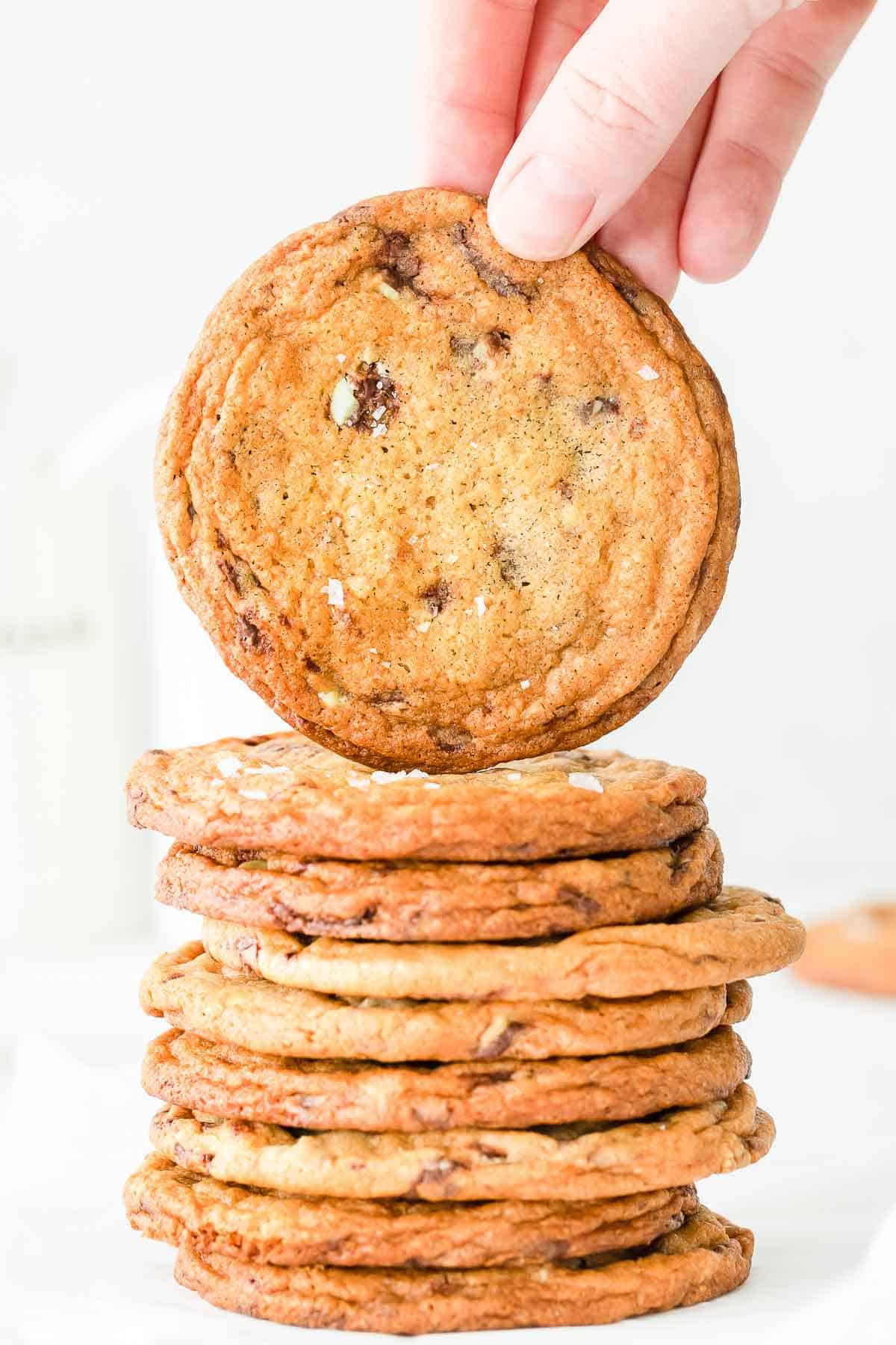 Andes chocolate cookies stacked up high.