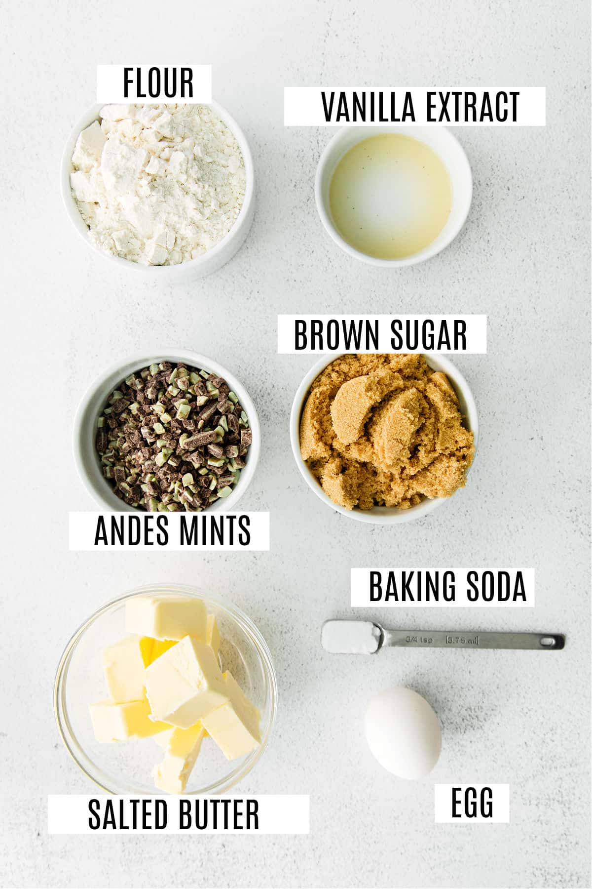 Ingredients needed to make mint cookies with Andes.