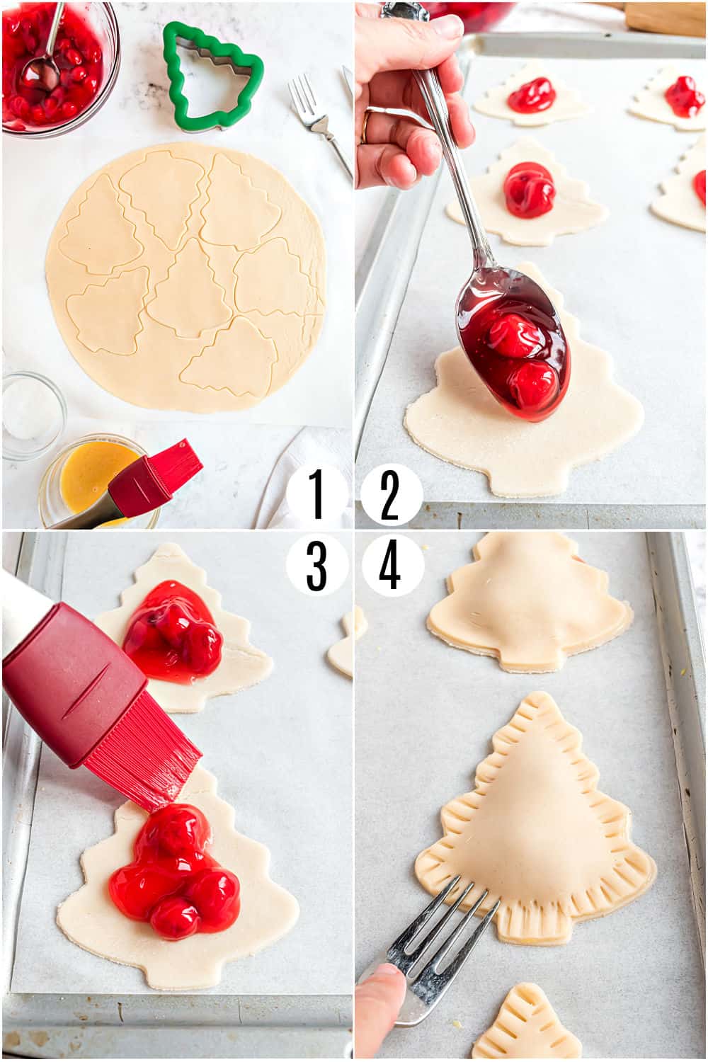 Step by step photos showing how to make cherry hand pies in the shape of a christmas tree.