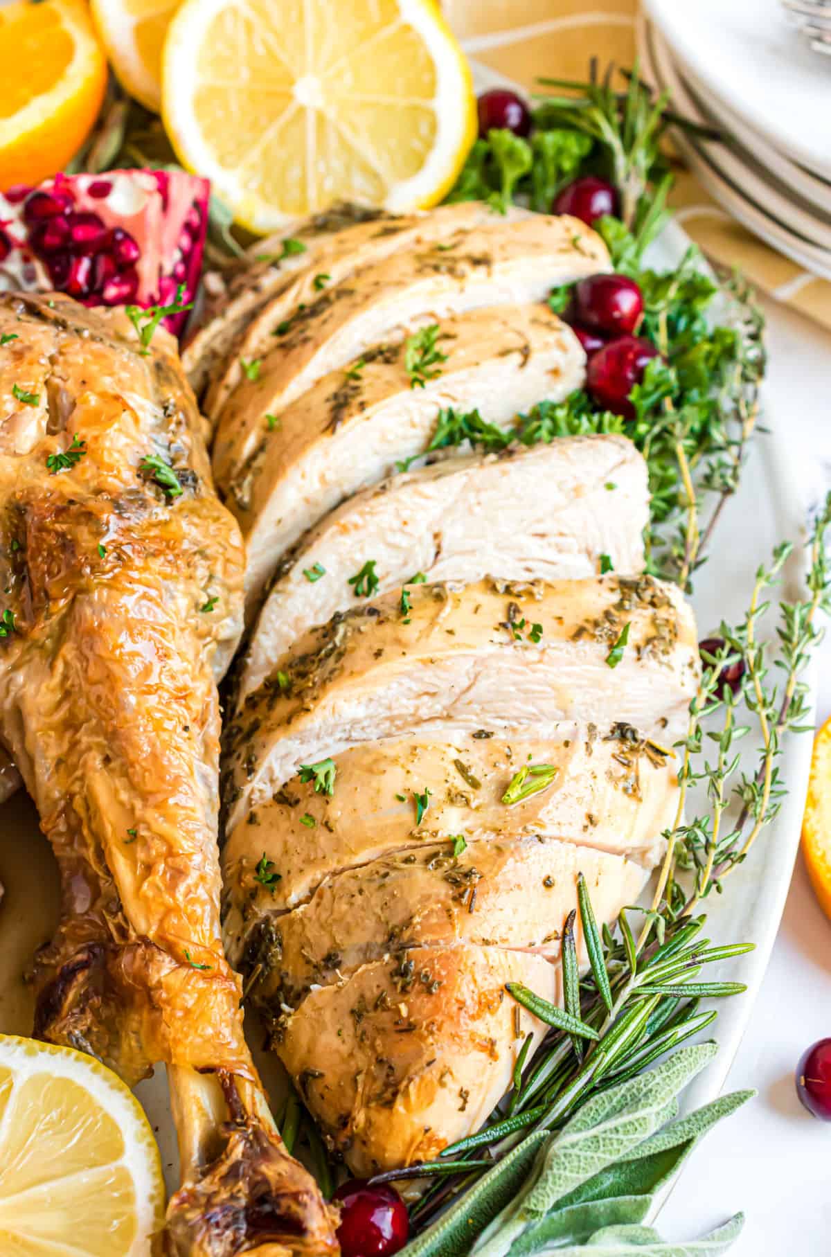 Carved turkey on a platter.