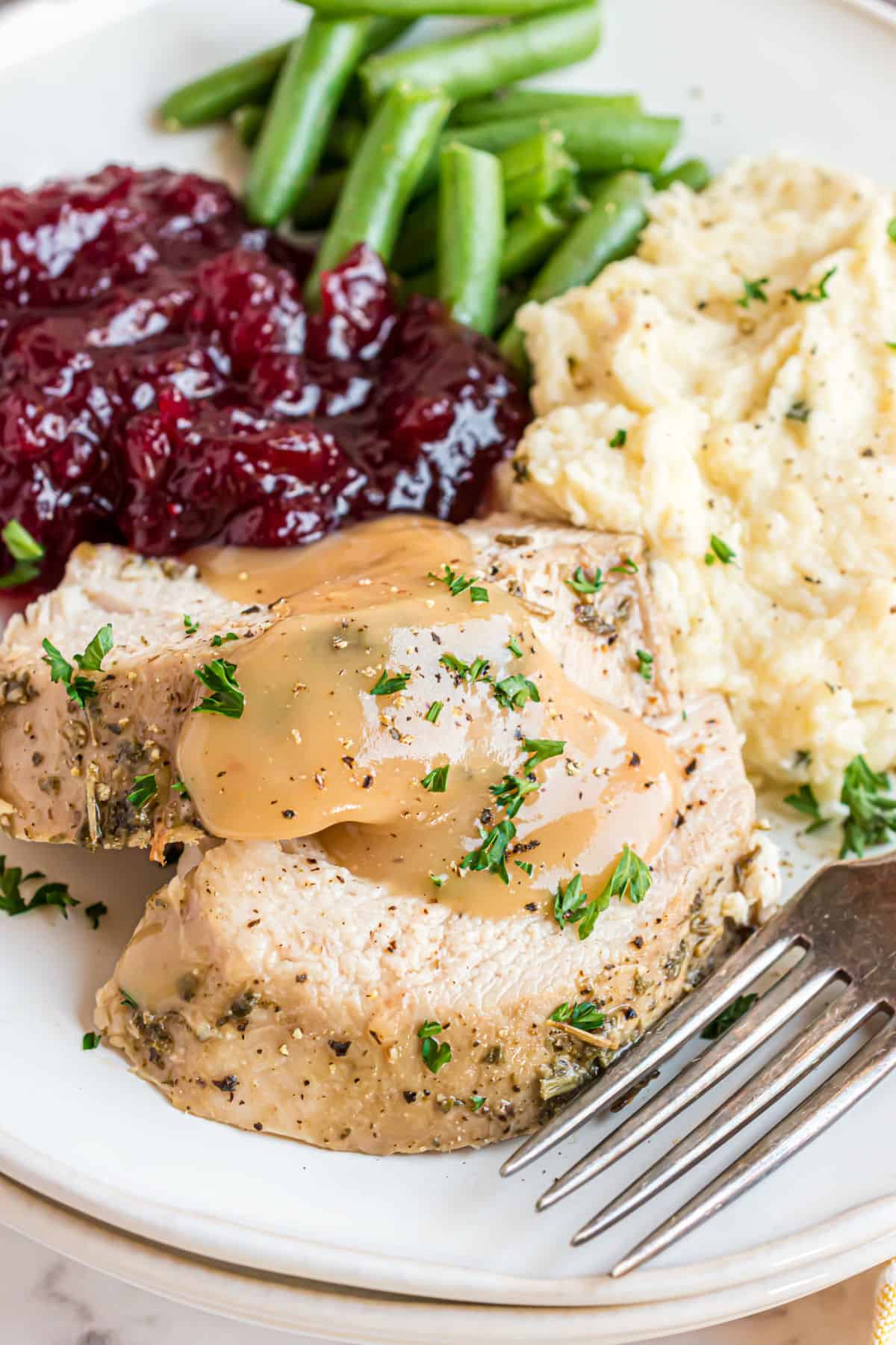 Turkey served on a plate with thanksgiving food.