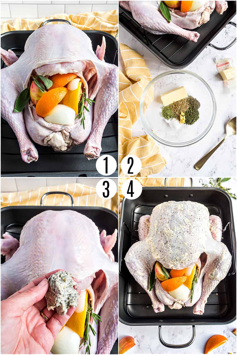 Step by step photos showing how to prepare a whole turkey.