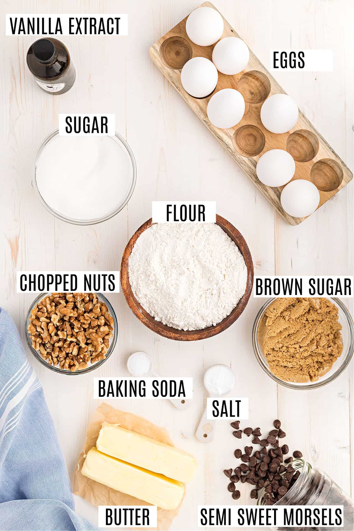 Ingredients needed to make Nestle toll house chocolate chip cookies.