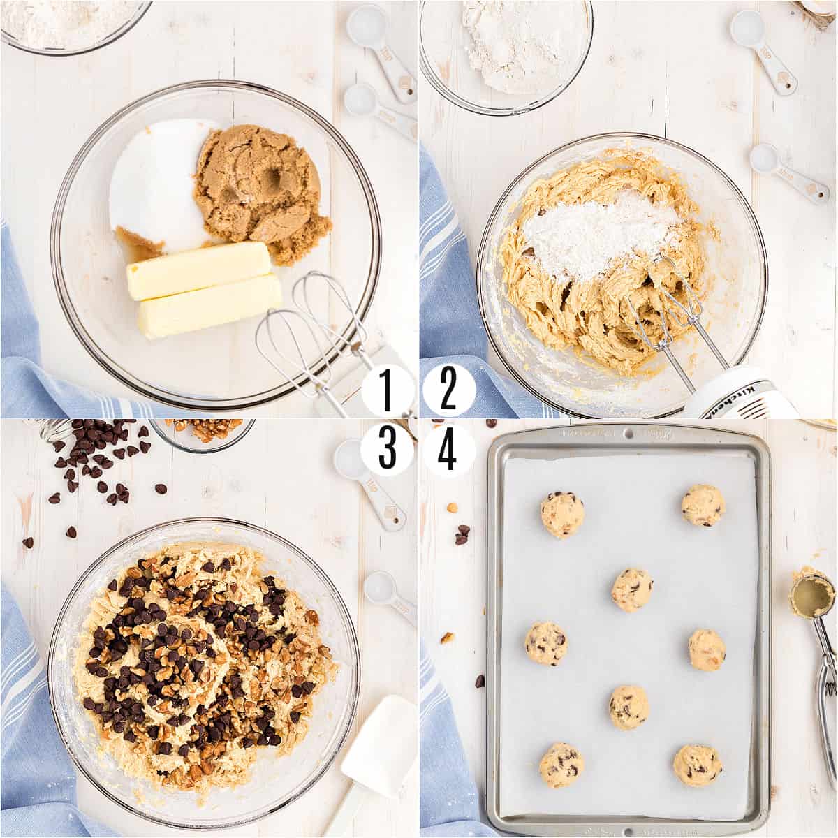 Step by step photos showing how to make toll house chocolate chip cookies.