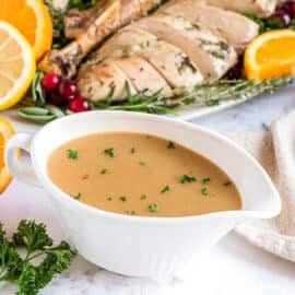 Make the best Turkey Gravy with just a few ingredients! This easy gravy recipe is ready in minutes and the perfect finishing touch to your Thanksgiving dinner.