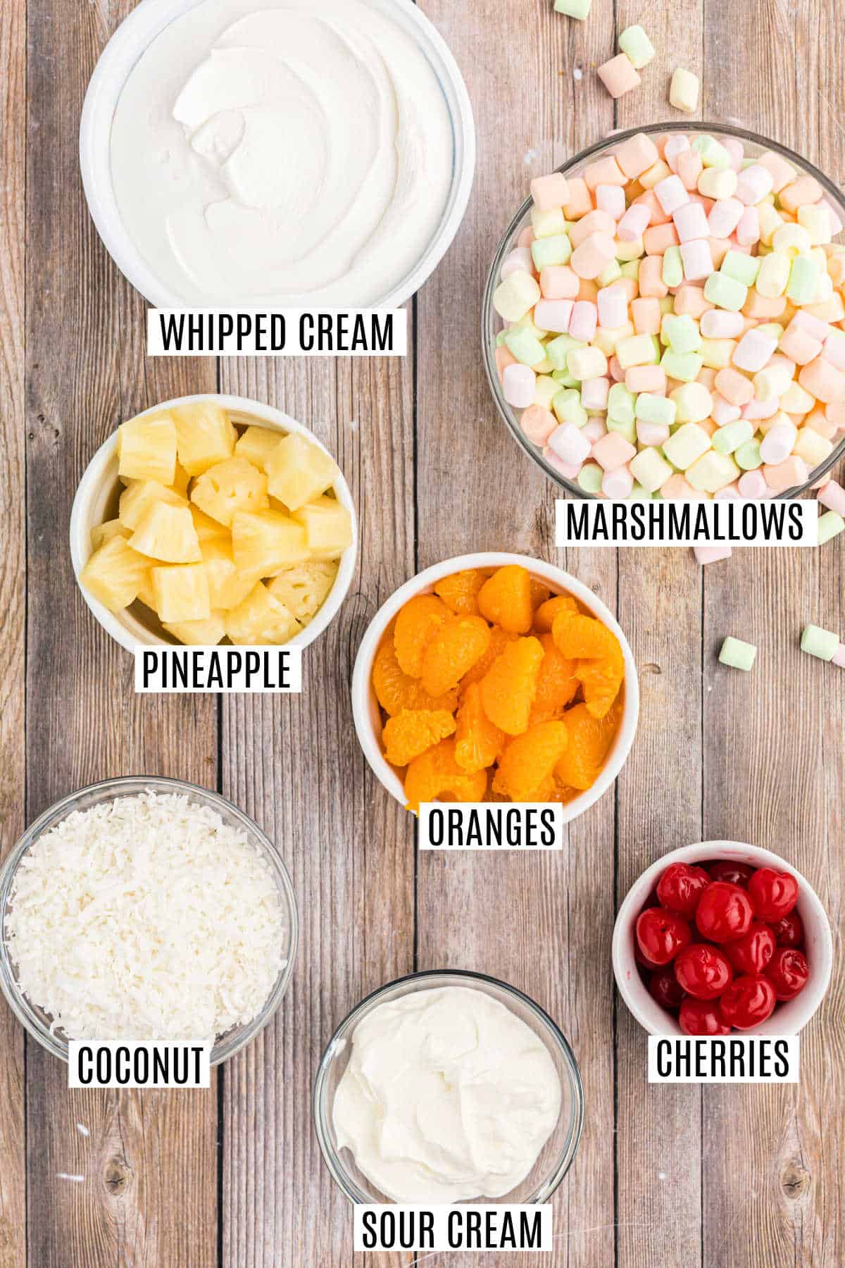 Ingredients needed to make ambrosia salad.
