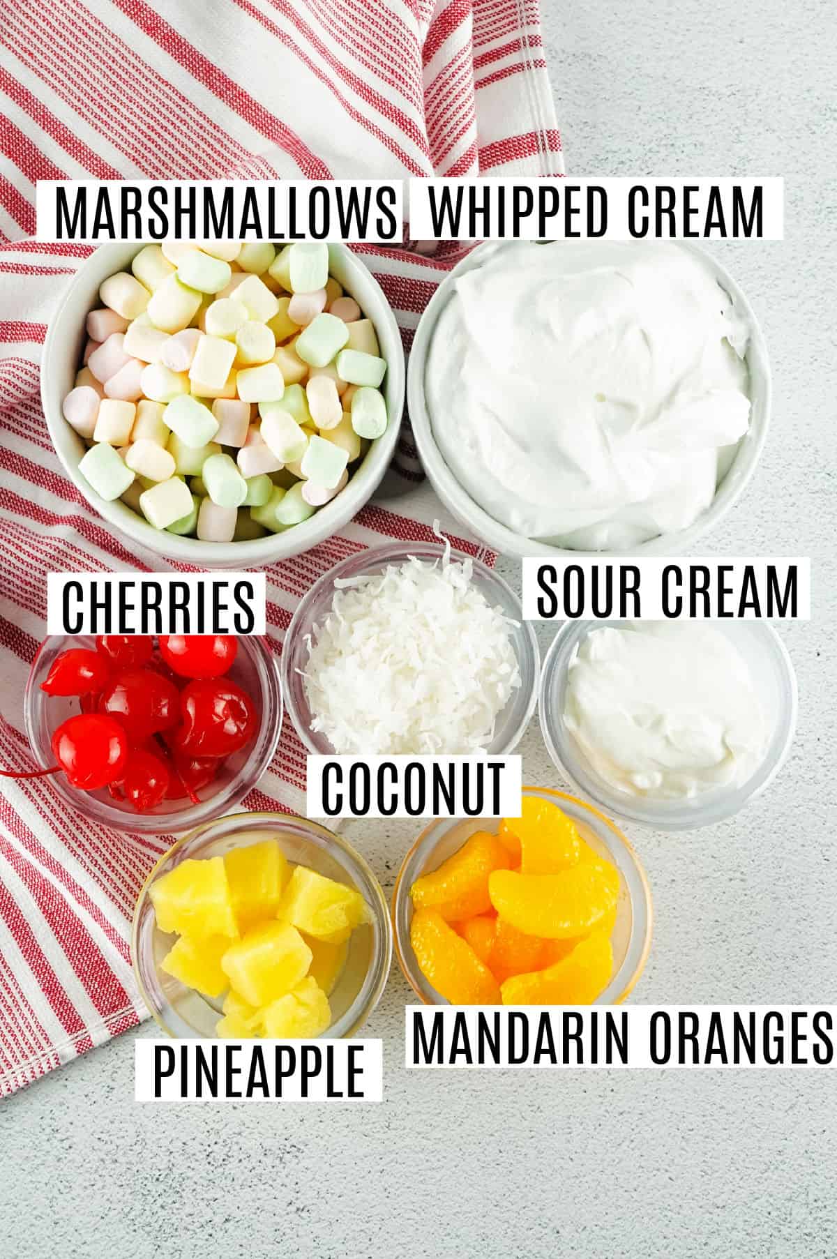 Ingredients needed for ambrosia salad.