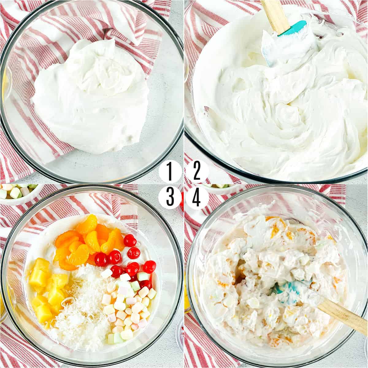 Step by step photos showing how to make ambrosia salad.