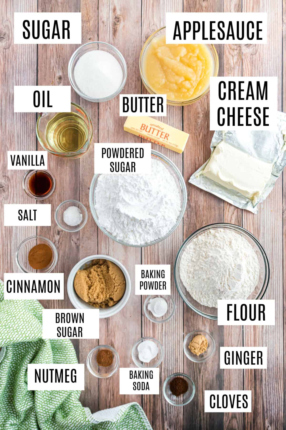 Ingredients needed for applesauce cake and cream cheese frosting.