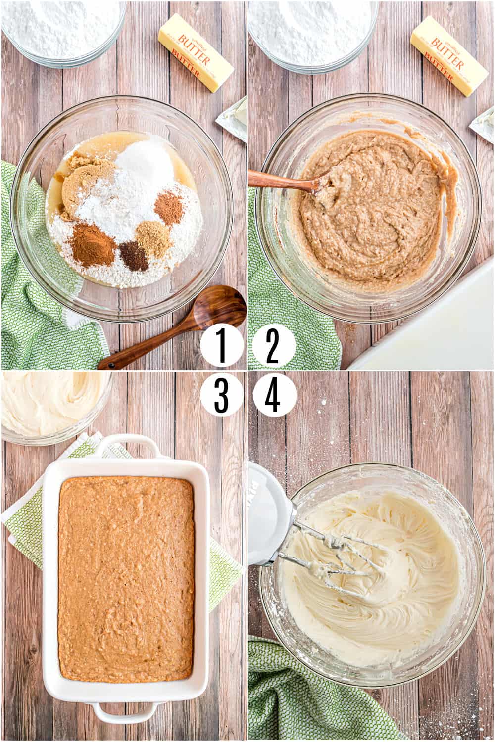 Step by step photos showing how to make applesauce cake.