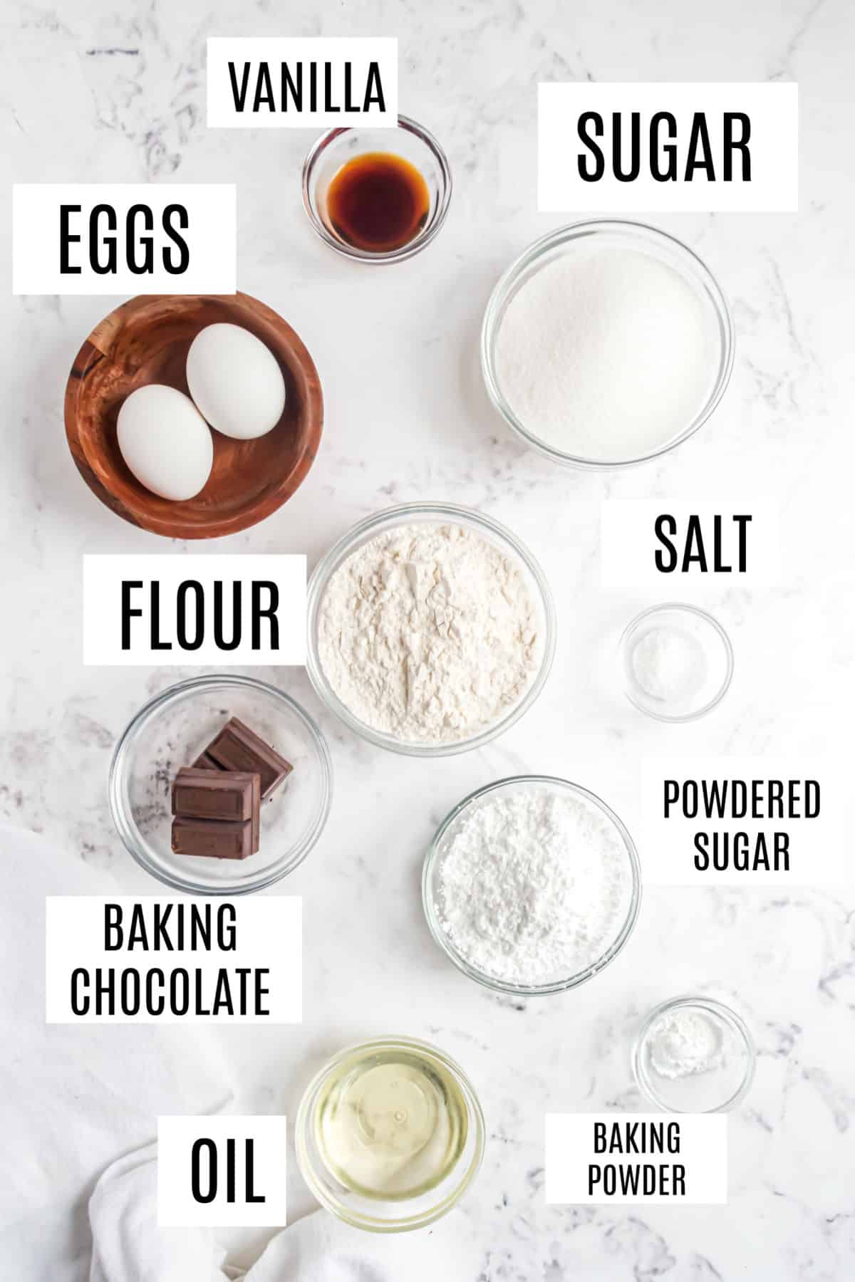 Ingredients needed for chocolate crinkle cookies.