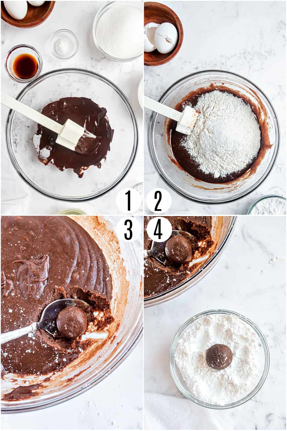 Step by step photos showing how to make chocolate crinkle cookies.