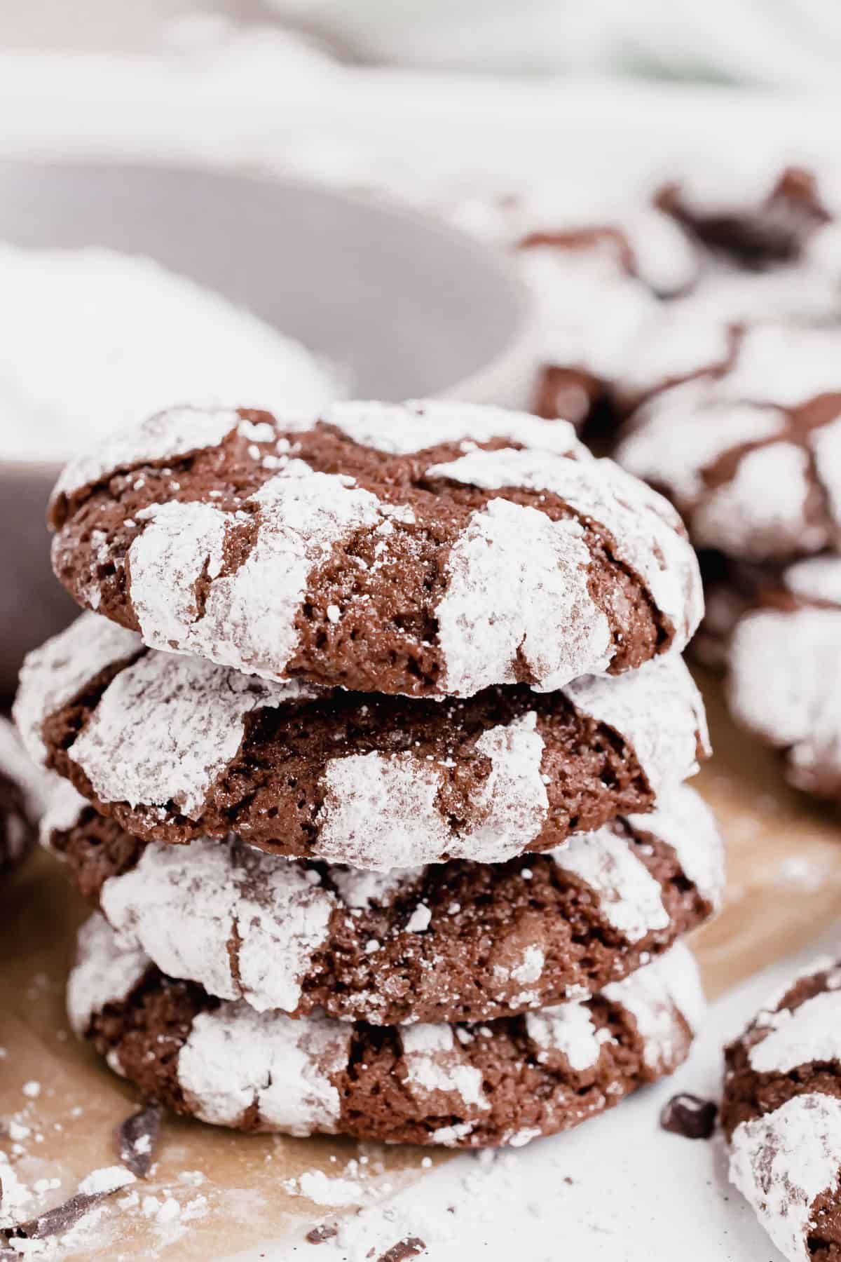 Stack of chocolate crinkle cookies.