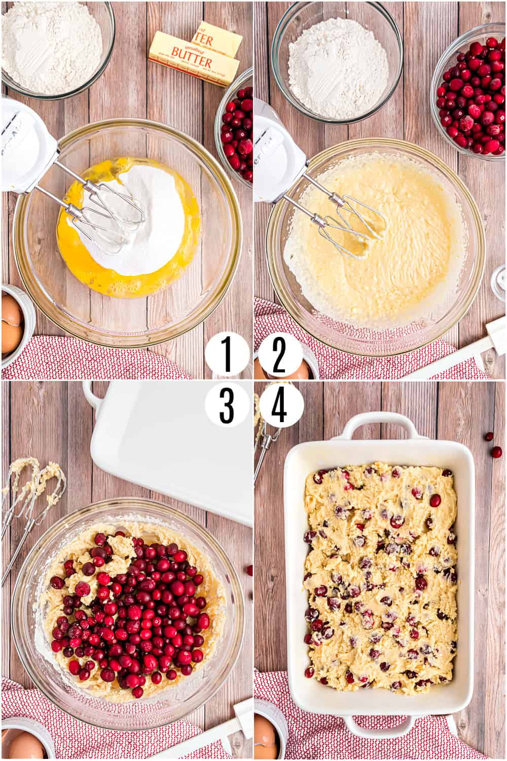 Step by step photos showing how to make cranberry cake for the holidays.