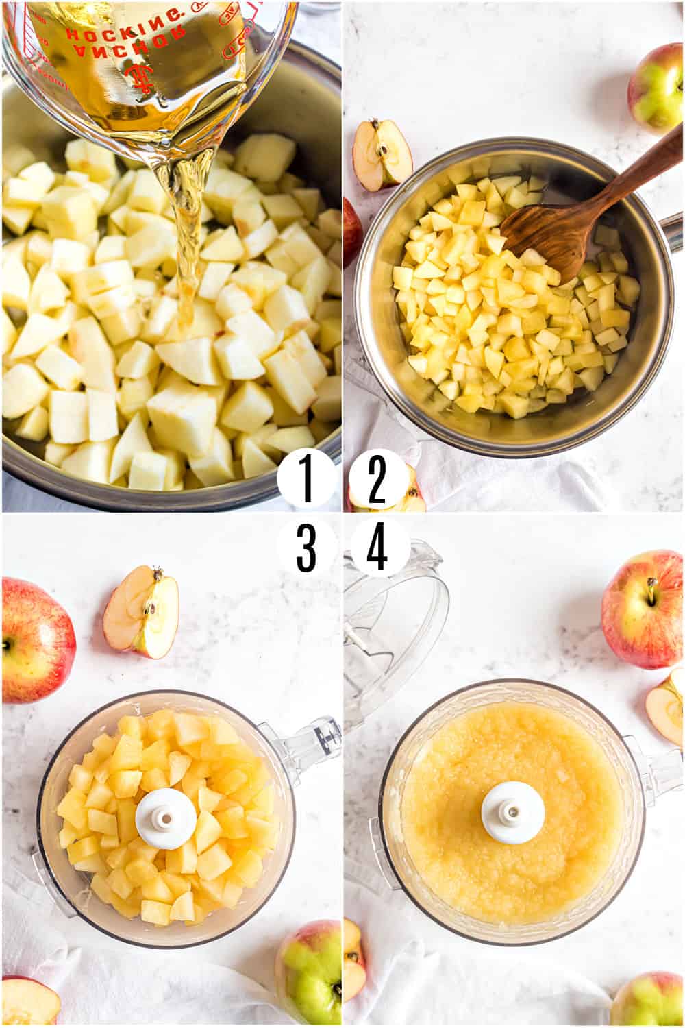 Step by step photos showing how to make homemade applesauce.