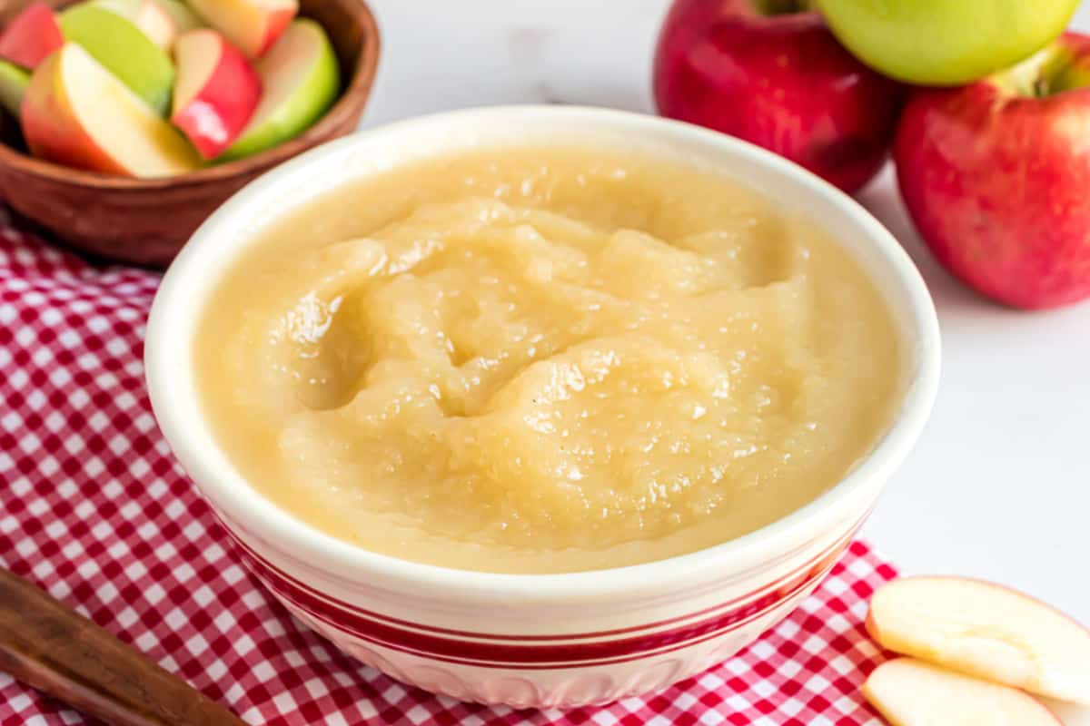Applesauce in a white serving bowl.