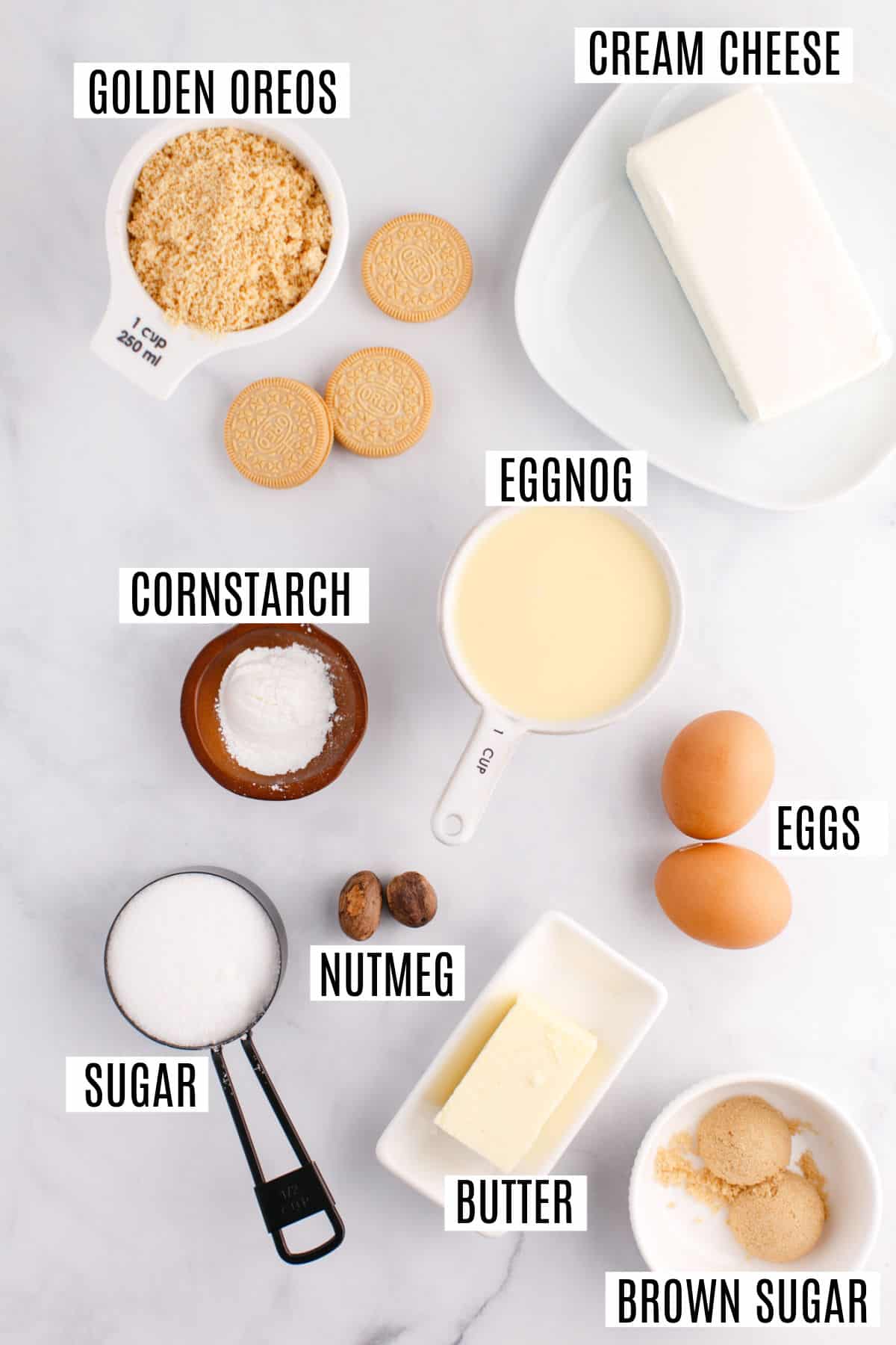 Ingredients needed to make eggnog cheesecake in the Instant Pot.