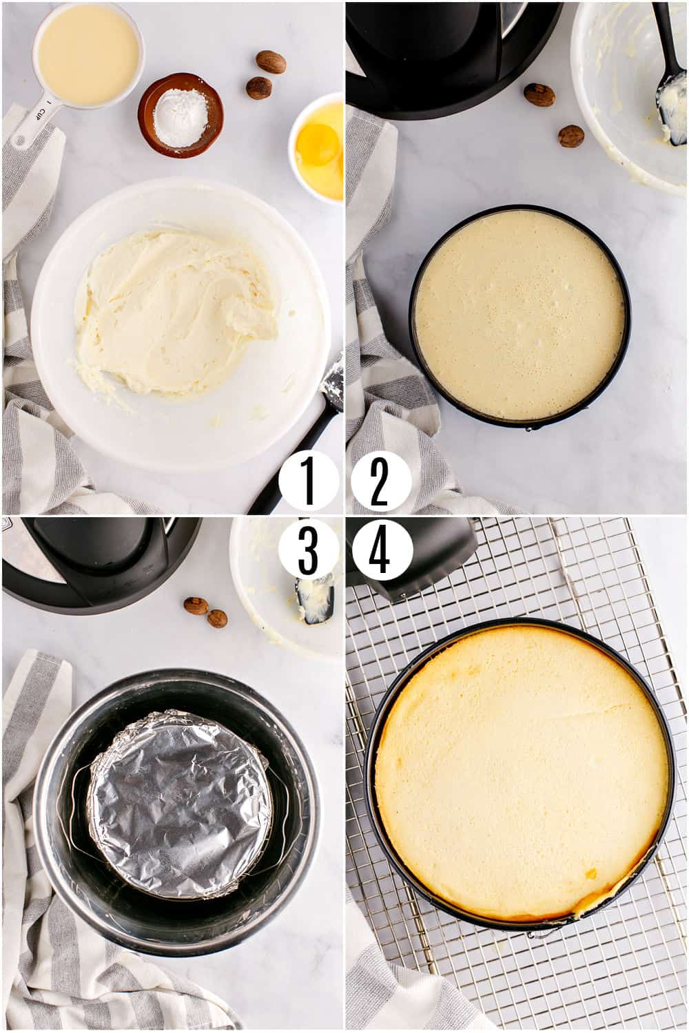 Step by step photos showing how to make eggnog cheesecake in the Instant Pot.