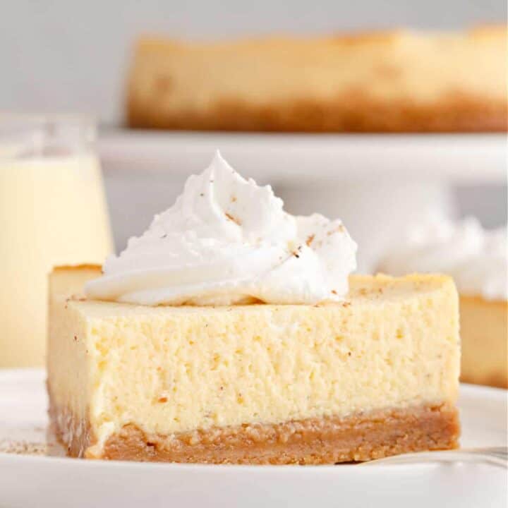 Instant Pot Eggnog Cheesecake makes a perfect holiday dessert--without turning on the oven. This cheesecake is made with real eggnog for a cheerful and decadent finish to your meal!
