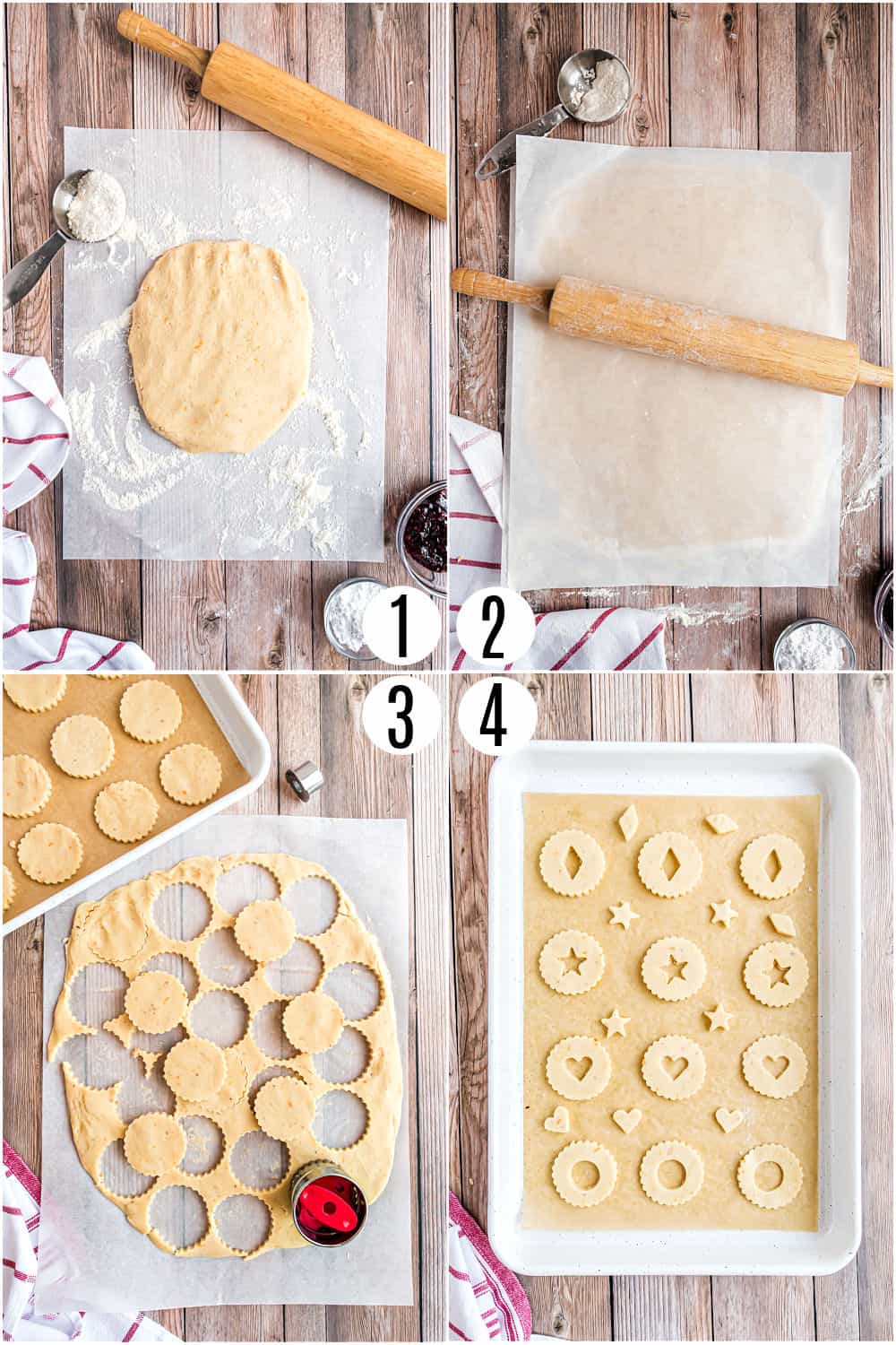 Step by step photos showing how to roll out linzer cookie dough.