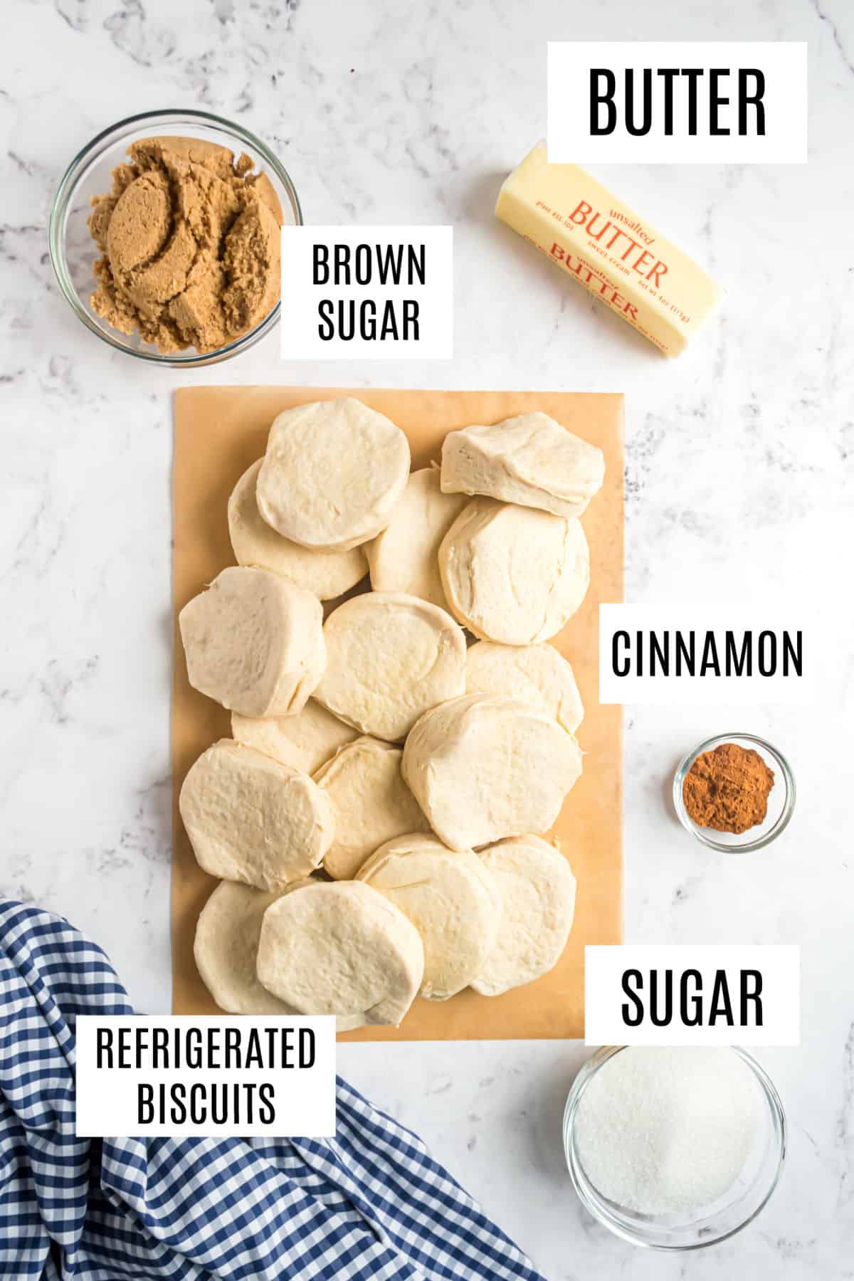 Ingredients needed to make monkey bread.