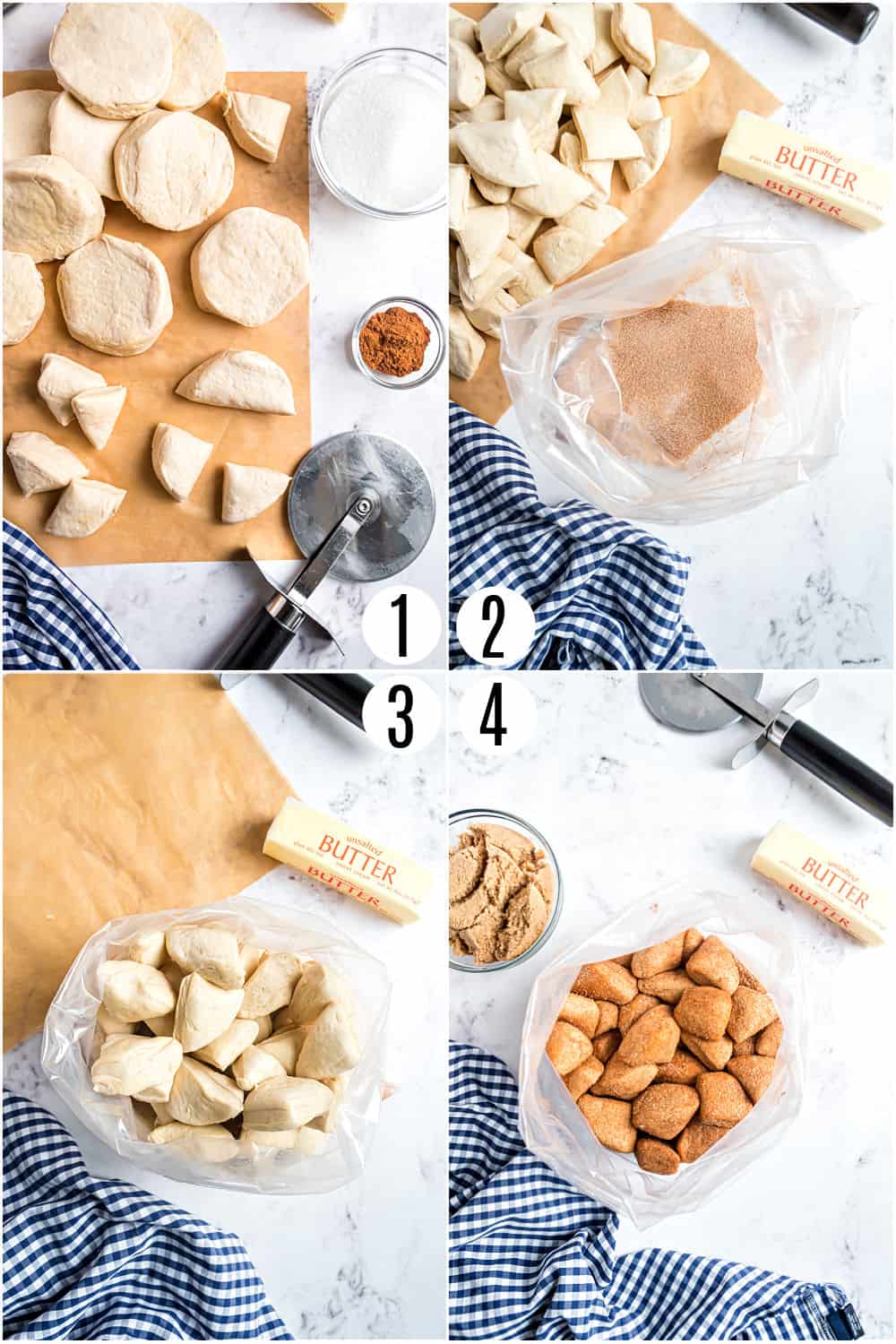 Step by step photos showing how to prepare biscuits for monkey bread.