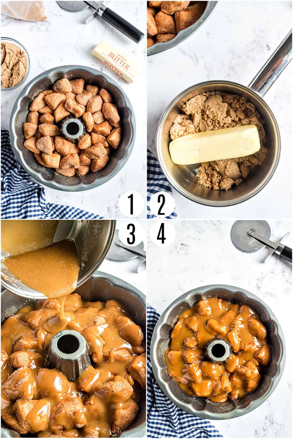 Step by step photos showing how to make monkey bread.