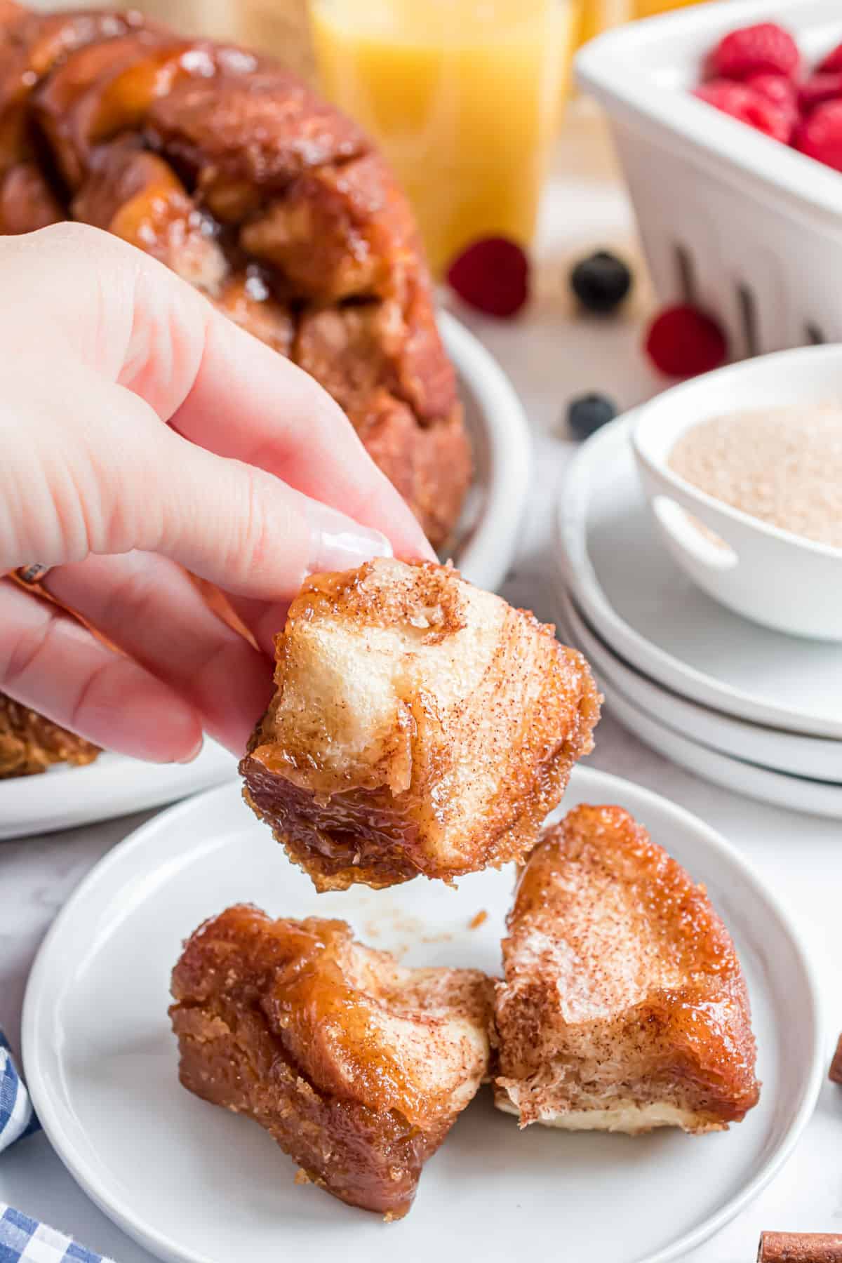 Monkey bread pull apart on a white plate.